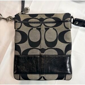 Coach Signature Jacquard Crossbody Bag Black Grey Patent Leather 42644